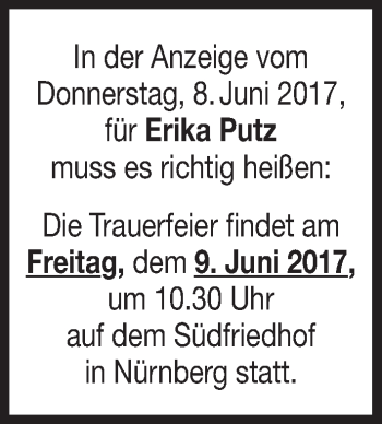 Traueranzeige von Erika Putz von Gesamtausgabe Nürnberger Nachrichten/ Nürnberger Ztg.