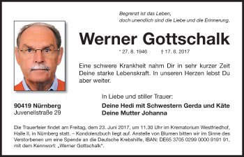 Traueranzeige von Werner Gottschalk von Gesamtausgabe Nürnberger Nachrichten/ Nürnberger Ztg.