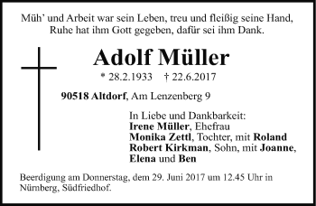 Traueranzeige von Adolf Müller von Gesamtausgabe Nürnberger Nachrichten/ Nürnberger Ztg.