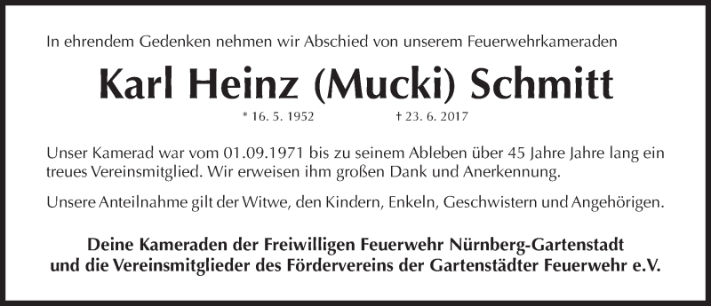  Traueranzeige für Karl Heinz Schmitt vom 28.06.2017 aus Gesamtausgabe Nürnberger Nachrichten/ Nürnberger Ztg.