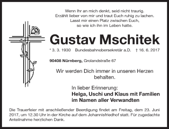 Traueranzeige von Gustav Mschitek von Gesamtausgabe Nürnberger Nachrichten/ Nürnberger Ztg.