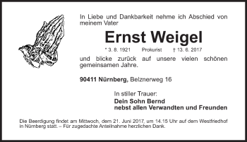 Traueranzeige von Ernst Weigel von Gesamtausgabe Nürnberger Nachrichten/ Nürnberger Ztg.