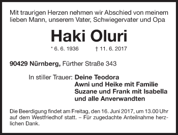 Traueranzeige von Haki Oluri von Gesamtausgabe Nürnberger Nachrichten/ Nürnberger Ztg.