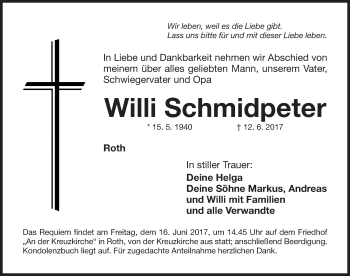 Traueranzeige von Willi Schmidpeter von Roth-Hilpoltsteiner Volkszeitung Lokal