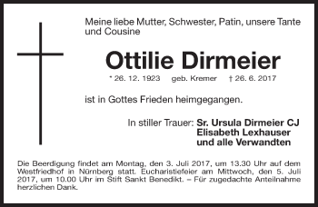 Traueranzeige von Ottilie Dirmeier von Gesamtausgabe Nürnberger Nachrichten/ Nürnberger Ztg.