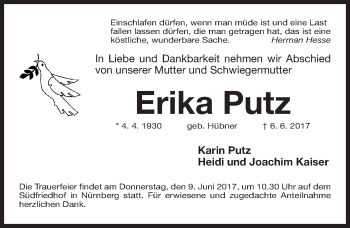 Traueranzeige von Erika Putz von Gesamtausgabe Nürnberger Nachrichten/ Nürnberger Ztg.