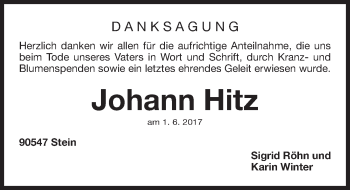 Traueranzeige von Johann Hitz von Gesamtausgabe Nürnberger Nachrichten/ Nürnberger Ztg.
