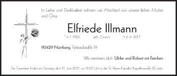Traueranzeige von Elfriede Illmann von Gesamtausgabe Nürnberger Nachrichten/ Nürnberger Ztg.