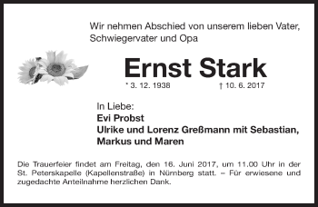 Traueranzeige von Ernst Stark von Gesamtausgabe Nürnberger Nachrichten/ Nürnberger Ztg.