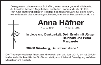 Traueranzeige von Anna Häfner von Gesamtausgabe Nürnberger Nachrichten/ Nürnberger Ztg.