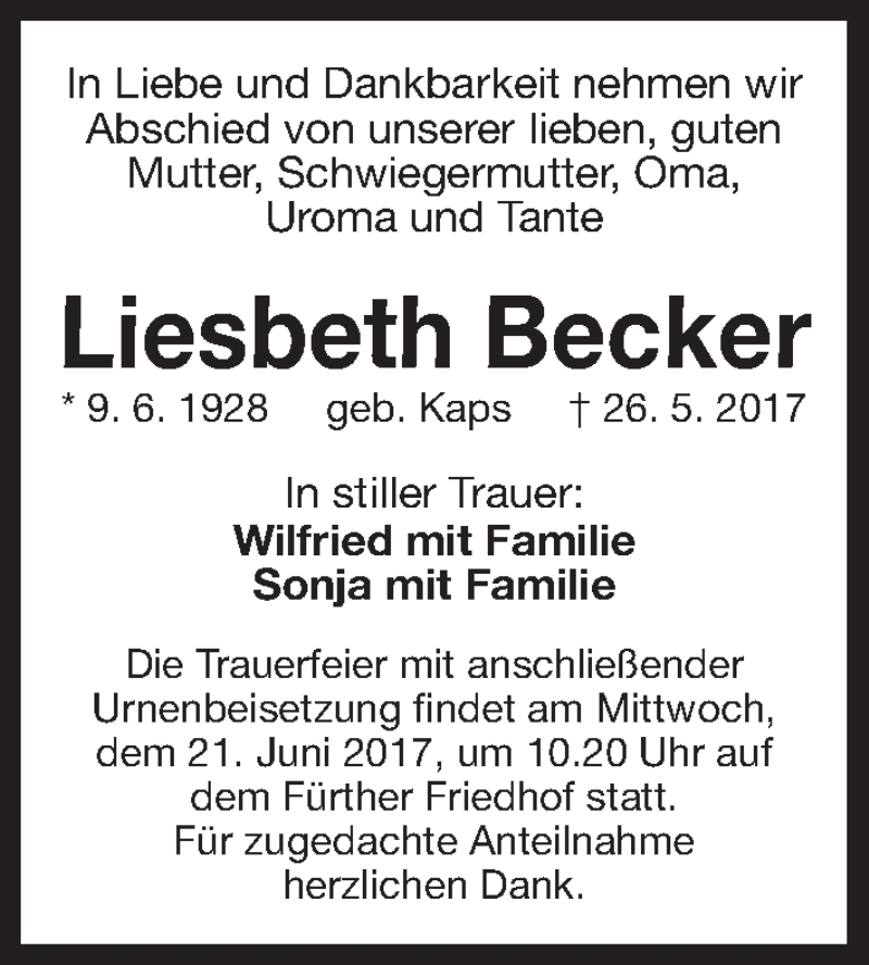  Traueranzeige für Liesbeth Becker vom 17.06.2017 aus Fürther Nachrichten Lokal