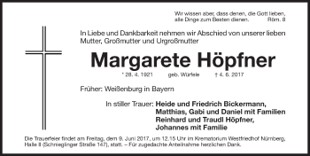 Traueranzeige von Margarete Höpfner von Gesamtausgabe Nürnberger Nachrichten/ Nürnberger Ztg.