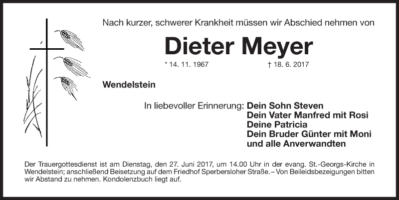 Traueranzeige für Dieter Meyer vom 24.06.2017 aus Gesamtausgabe Nürnberger Nachrichten/ Nürnberger Ztg.