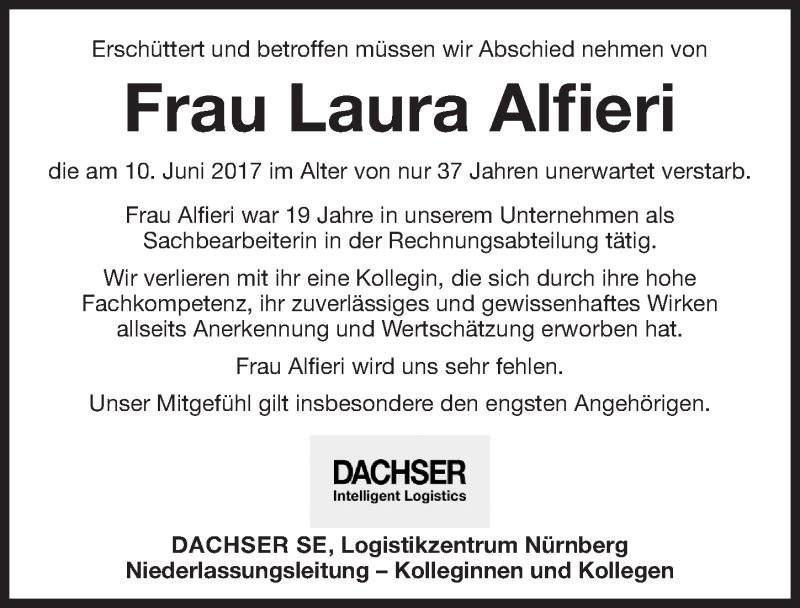  Traueranzeige für Laura Alfieri vom 21.06.2017 aus Gesamtausgabe Nürnberger Nachrichten/ Nürnberger Ztg.
