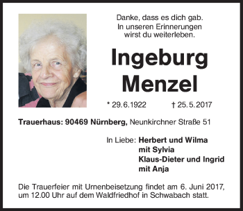 Traueranzeige von Ingeburg Menzel von Schwabach