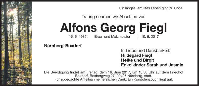  Traueranzeige für Alfons Georg Fiegl vom 14.06.2017 aus Gesamtausgabe Nürnberger Nachrichten/ Nürnberger Ztg.