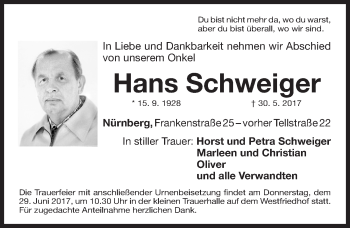 Traueranzeige von Hans Schweiger von Gesamtausgabe Nürnberger Nachrichten/ Nürnberger Ztg.