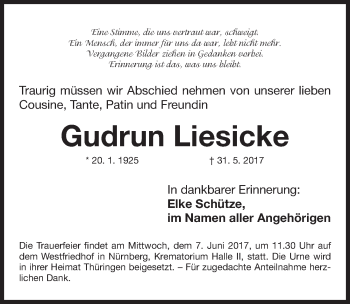 Traueranzeige von Gudrun Liesicke von Gesamtausgabe Nürnberger Nachrichten/ Nürnberger Ztg.
