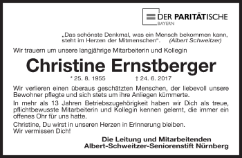 Traueranzeige von Christine Ernstberger von Gesamtausgabe Nürnberger Nachrichten/ Nürnberger Ztg.