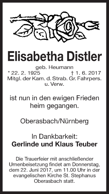 Traueranzeige von Elisabetha Distler von Gesamtausgabe Nürnberger Nachrichten/ Nürnberger Ztg.