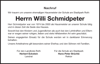 Traueranzeige von Willi Schmidtpeter von Roth-Hilpoltsteiner Volkszeitung Lokal