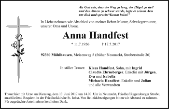 Traueranzeige von Anna Handfest von Neumarkter Nachrichten Lokal