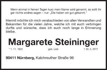 Traueranzeige von Margarete Steininger von Gesamtausgabe Nürnberger Nachrichten/ Nürnberger Ztg.