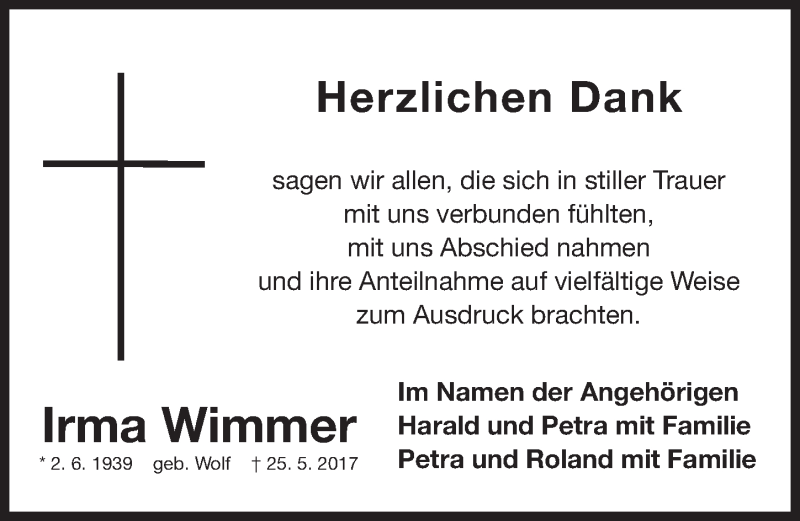  Traueranzeige für Irma Wimmer vom 10.06.2017 aus Gesamtausgabe Nürnberger Nachrichten/ Nürnberger Ztg.