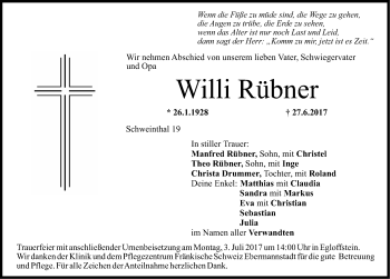 Traueranzeige von Willi Rübner von Nordbayerische Nachrichten Forchheim Lokal