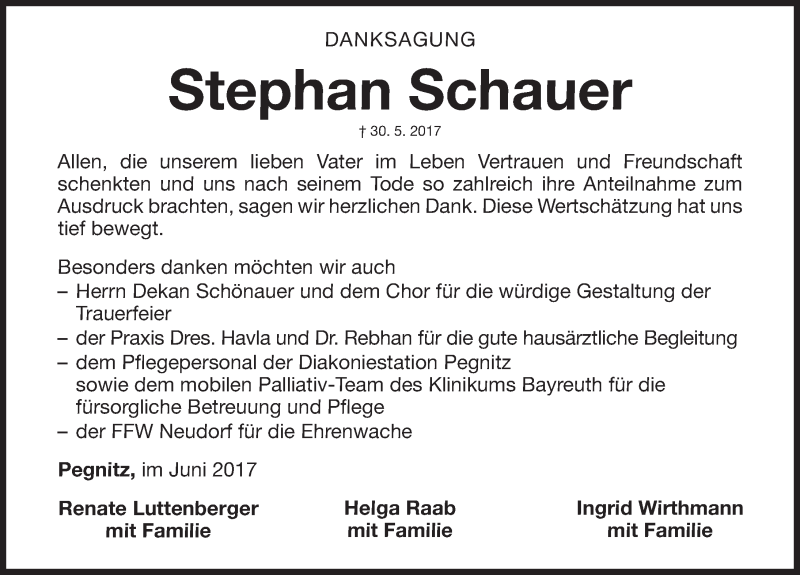  Traueranzeige für Stephan Schauer vom 17.06.2017 aus Nordbayerische Nachrichten Pegnitz Lokal