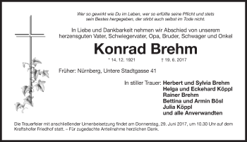 Traueranzeige von Konrad Brehm von Gesamtausgabe Nürnberger Nachrichten/ Nürnberger Ztg.