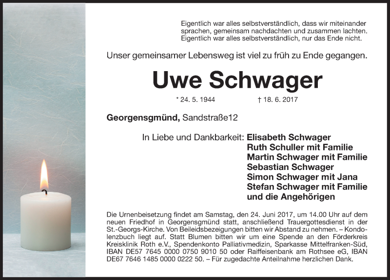  Traueranzeige für Uwe Schwager vom 22.06.2017 aus Roth-Hilpoltsteiner Volkszeitung Lokal