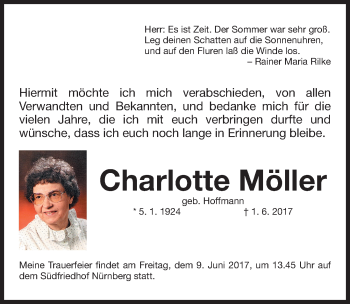 Traueranzeige von Charlotte Möller von Gesamtausgabe Nürnberger Nachrichten/ Nürnberger Ztg.