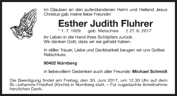 Traueranzeige von Esther Judith Fluhrer von Gesamtausgabe Nürnberger Nachrichten/ Nürnberger Ztg.