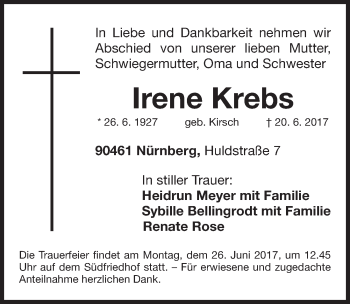 Traueranzeige von Irene Krebs von Gesamtausgabe Nürnberger Nachrichten/ Nürnberger Ztg.