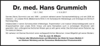 Traueranzeige von Hans Grummich von Gesamtausgabe Nürnberger Nachrichten/ Nürnberger Ztg.