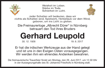 Traueranzeige von Gerhard Leupold von Gesamtausgabe Nürnberger Nachrichten/ Nürnberger Ztg.