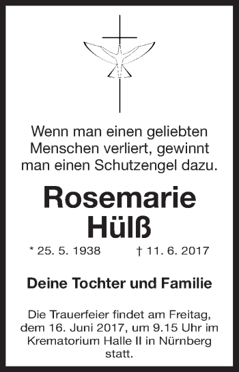 Traueranzeige von Rosemarie Hülß von Gesamtausgabe Nürnberger Nachrichten/ Nürnberger Ztg.
