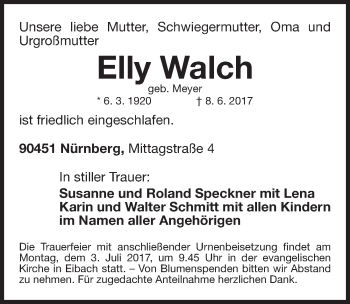 Traueranzeige von Elly Walch von Gesamtausgabe Nürnberger Nachrichten/ Nürnberger Ztg.