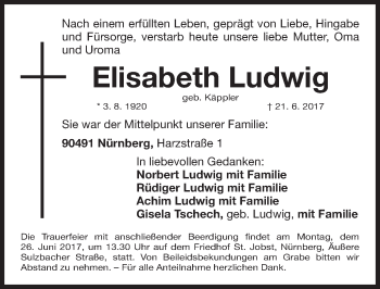 Traueranzeige von Elisabeth Ludwig von Gesamtausgabe Nürnberger Nachrichten/ Nürnberger Ztg.