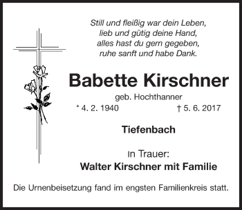 Traueranzeige von Babette Kirschner von Roth-Hilpoltsteiner Volkszeitung Lokal
