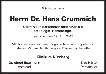 Traueranzeige von Hans Grummich von Gesamtausgabe Nürnberger Nachrichten/ Nürnberger Ztg.