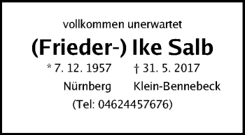 Traueranzeige von Frieder- Ike Salb von Gesamtausgabe Nürnberger Nachrichten/ Nürnberger Ztg.