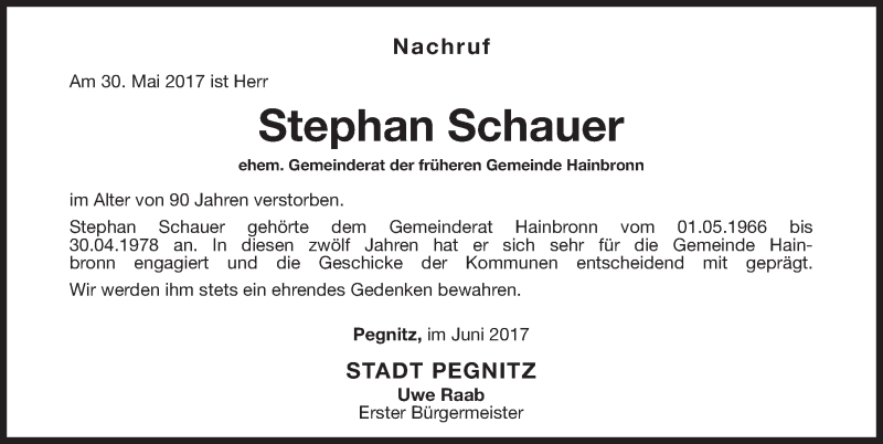  Traueranzeige für Stephan Schauer vom 03.06.2017 aus Nordbayerische Nachrichten Pegnitz Lokal