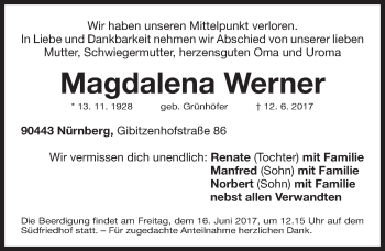 Traueranzeige von Magdalena Werner von Gesamtausgabe Nürnberger Nachrichten/ Nürnberger Ztg.