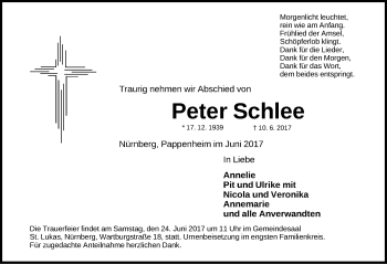 Traueranzeige von Peter Schlee von Gesamtausgabe Nürnberger Nachrichten/ Nürnberger Ztg.