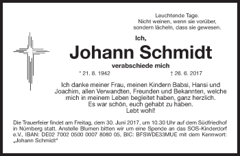 Traueranzeige von Johann Schmidt von Gesamtausgabe Nürnberger Nachrichten/ Nürnberger Ztg.