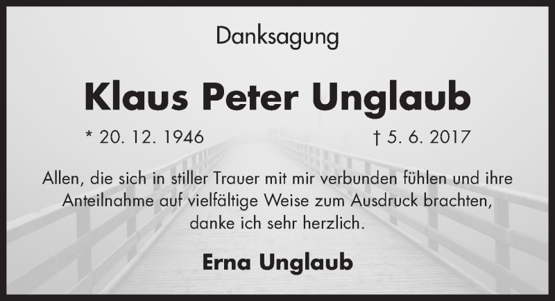  Traueranzeige für Klaus Peter Unglaub vom 17.06.2017 aus Gesamtausgabe Nürnberger Nachrichten/ Nürnberger Ztg.