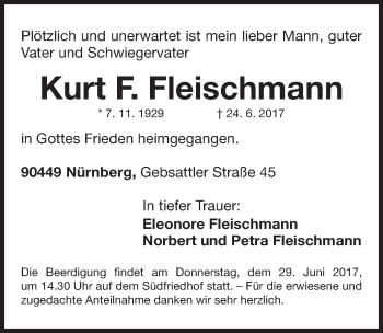 Traueranzeige von Kurt F. Fleischmann von Gesamtausgabe Nürnberger Nachrichten/ Nürnberger Ztg.