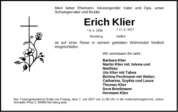 Traueranzeige von Erich Klier von Gesamtausgabe Nürnberger Nachrichten/ Nürnberger Ztg.
